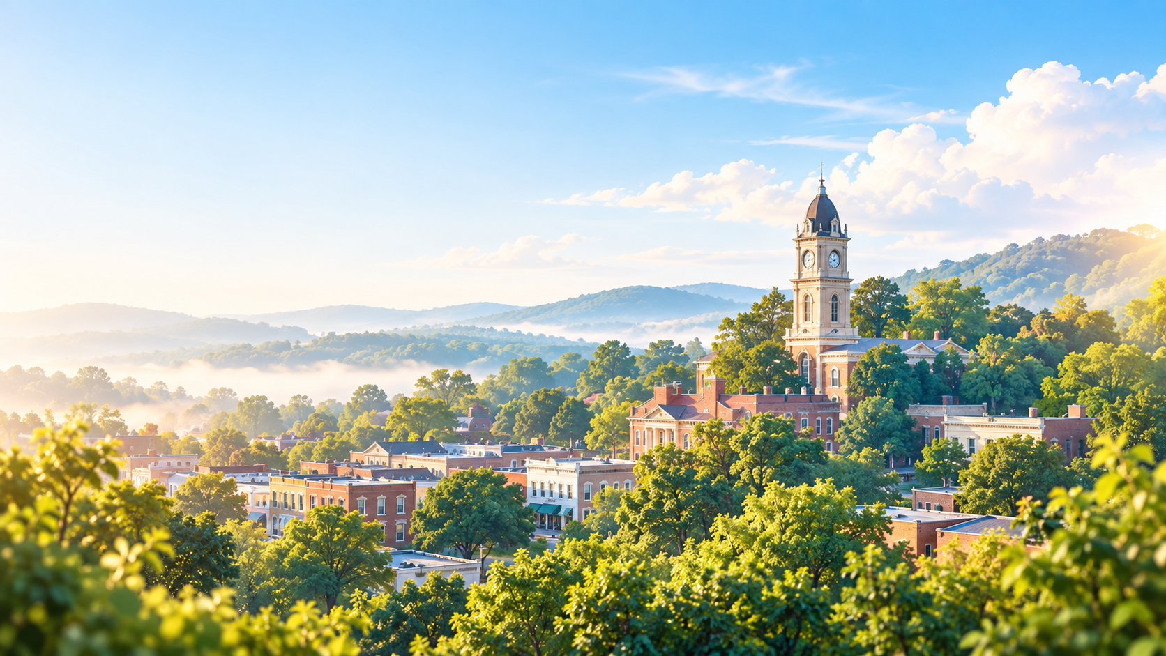 Painterly view of Covington, Georgia, with a clock tower and tree-lined town